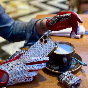 May include: A pair of red and white snakeskin gloves with a white snakeskin phone case and a matching snakeskin case for wireless earbuds.