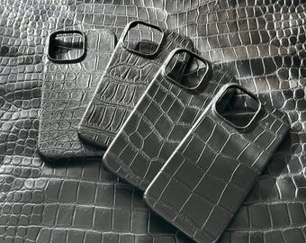 Black Alligator Leather iPhone Case: Magsafe, Custom Initials
