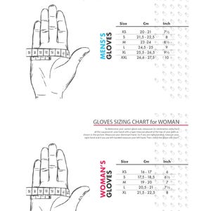 May include: A chart showing glove sizing for men and women. The chart includes measurements in inches and centimeters. The chart also includes a diagram of a hand with a tape measure around the wrist.