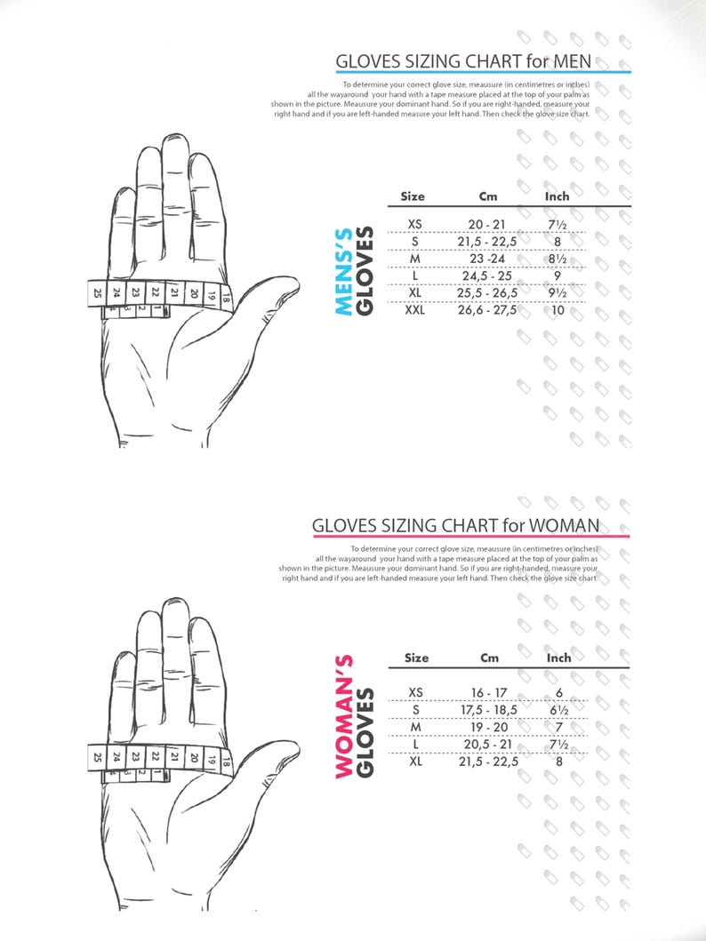 May include: A chart showing glove sizing for men and women. The chart includes measurements in inches and centimeters. The chart also includes a diagram of a hand with a tape measure around the wrist.