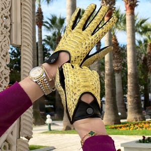 May include: A pair of yellow leather driving gloves with black accents and a snakeskin pattern.