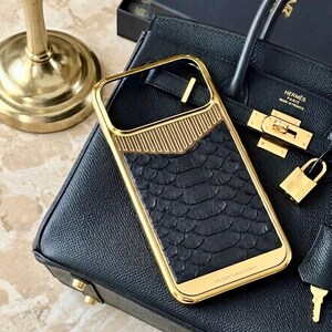 Black Python / Snake Leather Gold Plated Personalized iPhone Case