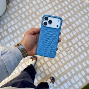 sky blue Genuine Python Leather MagSafe Case for iPhone 18 Pro Max