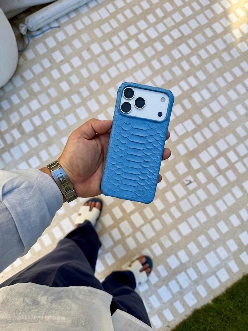 sky blue Genuine Python Leather MagSafe Case for iPhone 18 Pro Max