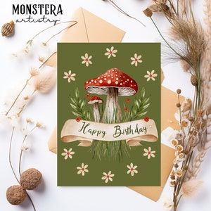 Cartão de aniversário com tema natureza cogumelo - download digital, para impressão, 5x7 | aquarela neutra folhagem flor planta trocadilho presente de amigo significativo