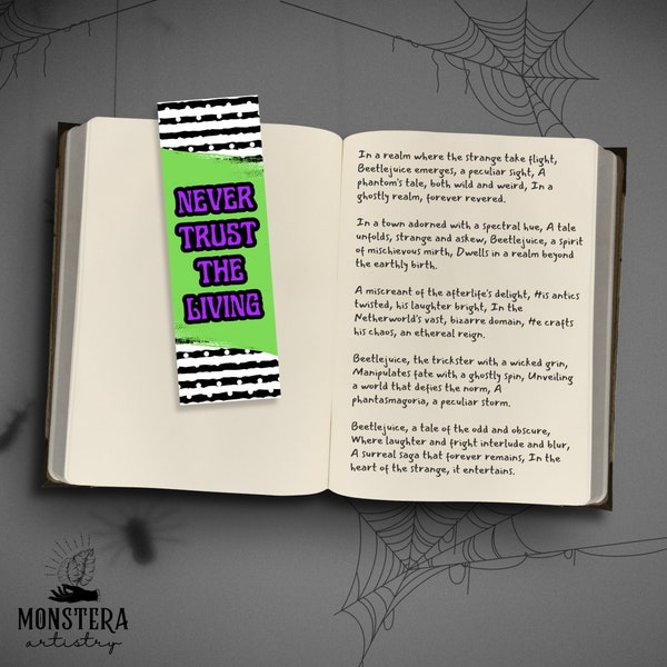 Never Trust the Living Book mark - Digital Download and Print, 2x6in | Halloween | Beetlejuice Inspired | green | purple | striped | read