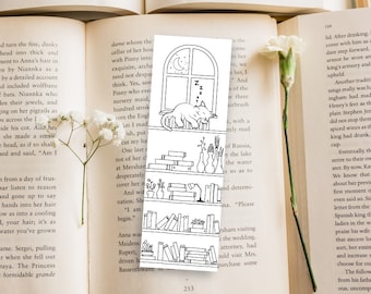 Cat Bookcase Coloring Bookmark - Digital Download and Print, 2x6in | Book | Reading | Nap | window | library