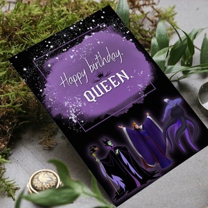 Tarjeta de cumpleaños temática de villanos - Descarga e impresión digital, 5x7 / reina malvada corona brillo negro púrpura magia malvado regalo mujeres regalo