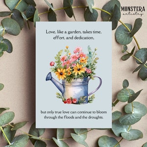 El amor es como una tarjeta de aniversario significativa del jardín - Descarga e impresión digital, 5x7 / Floral / Acuarela / Plantas / Crecer / Florecer / Flores