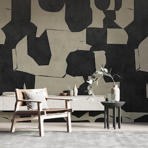 Große schwarz und beige Tapete, modernes Wohndekor, abstrakte Wandkunst, neutrale Töne Wandkunst, geometrisches Wandbild, Peel n Stick Tapete