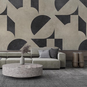Große schwarz und beige Tapete, modernes Wohndekor, abstrakte Wandkunst, neutrale Töne Wandkunst, geometrisches Wandbild, Peel n Stick Tapete