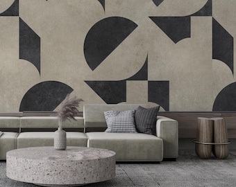 Large Black and Beige Wallpaper, Modern Home Decor, Abstract Wall Art, Neutral Tones Wall Art, Geometric Wall Mural, Peel n Stick Wallpaper