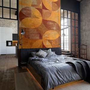 Geometrische Boho Tapete, rote und orange Farbe Tapete, organische Formen abstraktes Wandbild, geometrische abnehmbare Tapete