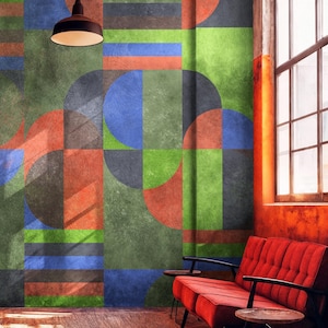 Papier peint moderne géométrique amovible, grande oeuvre d'art murale géométrique, oeuvre d'art murale abstraite pour entrée, décoration murale cercle décorative pour bureau