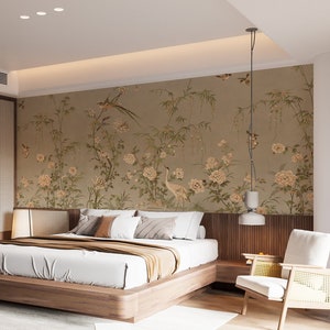 Abnehmbares Chinoiserie Floral, Vögel, Brauner Hintergrund, Pfau und Pfingstrose Wandbild, Schälen und Aufkleben Tapete