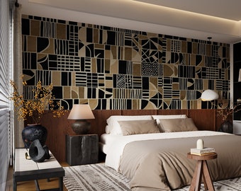 Abstract Black and Brown Wallpaper Peel and Stick, Geometric Shapes Wall Mural, Removable Wallpaper, Traditional Unpasted Wallpaper