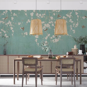 Chinoiserie Mural Wallpaper, Home Decor Wall Murals, Blooming White Peony and Flowers Birds Wallpaper, Traditional Wallpaper, PVC-free Paper