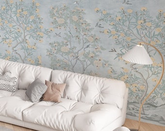 Papier peint chinois fleurs et oiseaux sur fond bleu, affiche murale autocollant, art classique salon chambre
