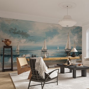 Carta da parati con navi, onde del mare e cielo blu, murale con pittura acrilica marina / autoadesiva / staccabile e rimovibile