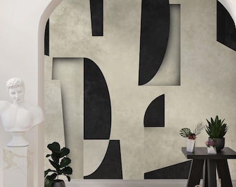 Large Modern Black and White Abstract Wallpaper, Organic Shapes Creative Art Peel and Stick Wall Mural, Geometric Removable Wallpaper
