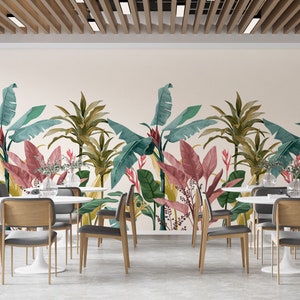Carta da parati colorata con foglie di banana tropicale, stacca e incolla, decorazione murale con paesaggio floreale e tropicale, decorazione murale tropicale vintage