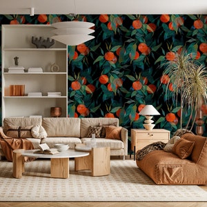 Papel tapiz de árbol de color naranja oscuro, papel tapiz extraíble de naranjas y frutas, mural de pared de flores de naranja, mural grande de flores y naranjas