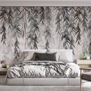 Removable Ivy Wallpaper with Hanging Leaves, Green Hanging Leaves on White Concrete Background, Self Adhesive & Peel n Stick Wallpaper #326