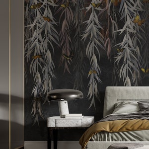 Removable Ivy Wallpaper with Hanging Leaves, Green Hanging Leaves on Dark Concrete Background, Self Adhesive & Peel n Stick Wallpaper #327