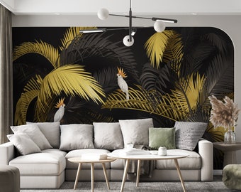 Tropical Parrot and Trees Dark Jungle Wallpaper Mural Decor Home Design Vintage Tropical Wall Mural Wall Decor