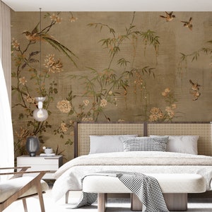Chinoiserie Wallpaper Peel and Stick, Peacock with Peony Flowers Wall Mural, Chinoiserie Flowers and Birds Wallpaper, Removable Wallpaper