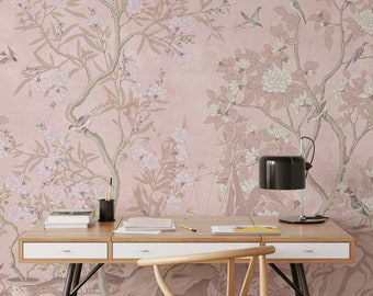 Chinoiserie Blumen und Vögel Tapete auf rosa Hintergrund, schälen und aufkleben Wandbild Poster Klassische Kunst Wohnzimmer Schlafzimmer Selbstklebend