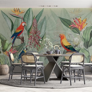 Parrots on Green Leaves Wallpaper, Green Tropical Removable Wall Mural, Temporary and Renter friendly Wallpaper, Tropical Home Decor