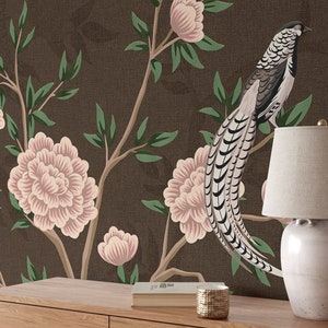 Chinoiserie Mural Wallpaper Repeat, Home Decor Wall Murals, Blooming Peony and Flowers Birds Wallpaper, Wall Decor, Wallpaper #10315