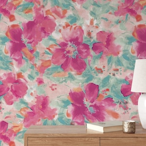 Rosa Blumentapete schälen und aufkleben, Aquarellblumen Wandbild, Abnehmbare Tapete, Botanische Wandkunst, Traditionelle Ungeklebte Tapete