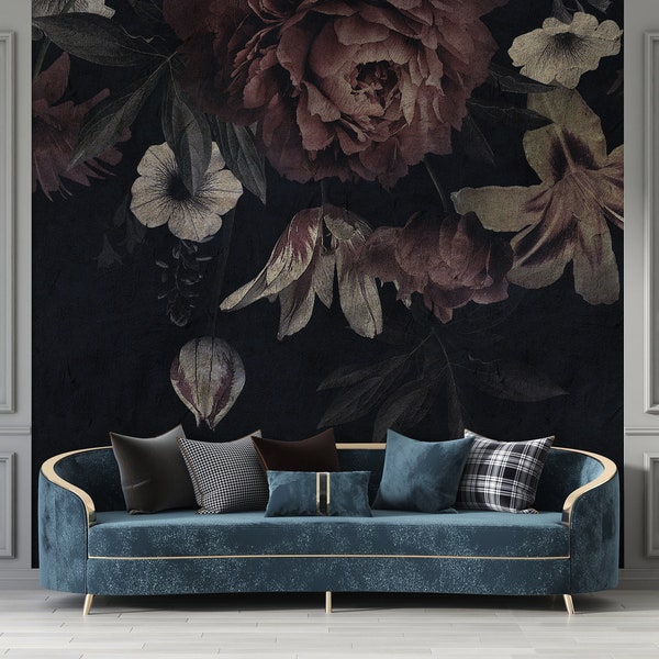 Dark Floral Wallpaper |  Peony Wall Mural |  Peel and Stick |  Self Adhesive |  Room Wall Decor | NonWoven Wall Art
