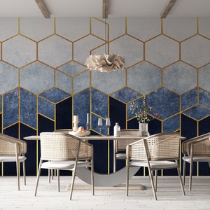 Peinture murale hexagonale abstraite bleue, papier peint hexagonal géométrique, peel and stick ou vinyle non plaqué non tissé, sans PVC, convivial pour les locataires