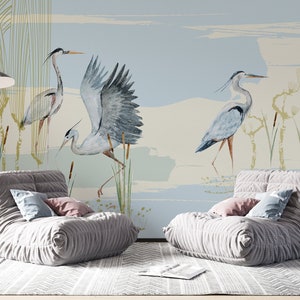 Crane Birds Wallpaper Peel and Stick, Removable Wallpaper Mural, Crane Wallpaper, Bird Wallpaper, Storks Wallpaper, Modern Wall Art