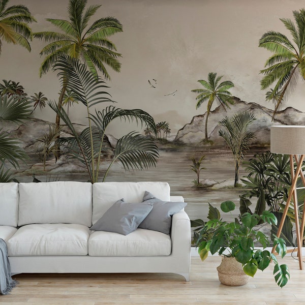 Tropische Insel Wandbild, Dschungel Landschaft Palmen Tapete, schälen und kleben oder traditionelle Tapete, umweltfreundliches, PVC-freies Papier #048