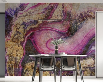 Luxury Abstract Fluid Wall Art, Purple n Gold Wallpaper, Marble Look Wall Mural, Peel&Stick and Traditional Wallpaper, PVC-free Paper #10070