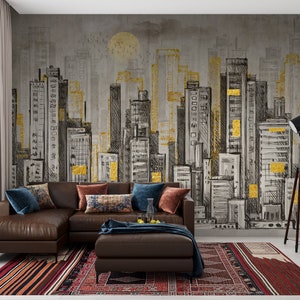Murale da parete della città per il soggiorno / Illustrazione di un grattacielo disegnato a mano / Arte murale in tessuto non tessuto da staccare e attaccare