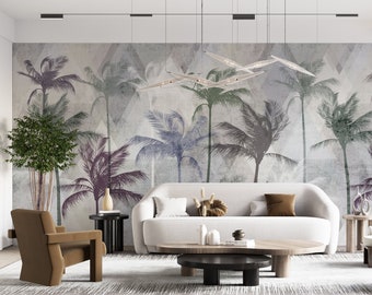 Authentic Palm Tree on Concrete Wall Mural Art Living Room Bedroom Self Adhesive Wallpaper Vintage Tropical Wall Mural Wall Decor