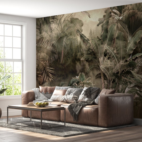 Exotic Jungle Wall Mural | Tropical Banana Leaves Wallpaper | Trendy Living Room Decor