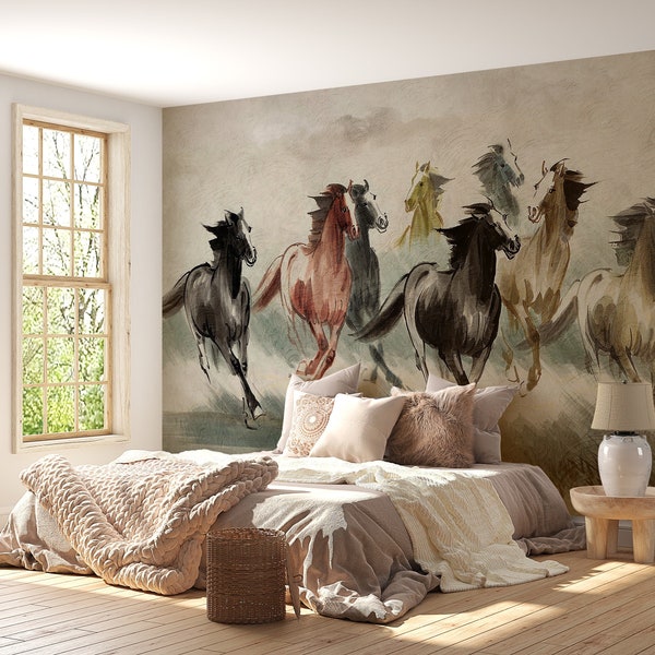 Running Horse Wallpaper, Vintage Equestrian Wallpaper, Peel and Stick or Traditional Wallpaper, Eco-friendly, PVC-free Paper
