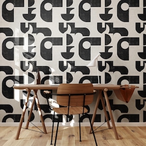 Large Modern Black and White Abstract Wallpaper, Organic Shapes Creative Art Peel and Stick Wall Mural, Geometric Removable Wallpaper