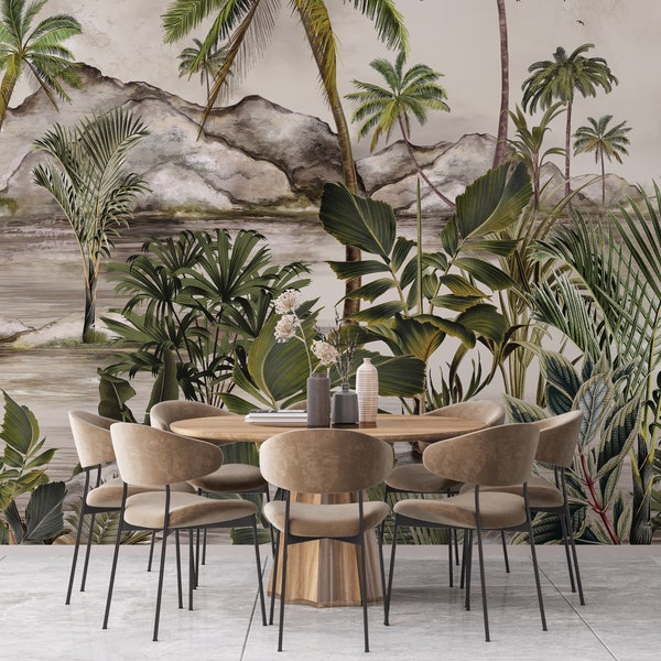 Tropische Insel Wandbild, Dschungel Landschaft Palmen Tapete, schälen und kleben oder traditionelle Tapete, umweltfreundliches, PVC-freies Papier #046