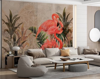 Removable Tropical Wallpaper, Exotic Landscape with Pink Flamingo, Self Adhesive Wallpaper, Peel and Stick Wallpaper, Renter-friendly #319