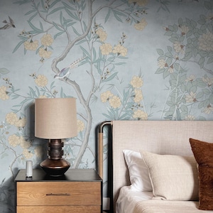 Carta da parati con fiori e uccelli cinesi su sfondo blu, poster murale staccabile e attaccabile, arte classica, soggiorno, camera da letto, autoadesivo