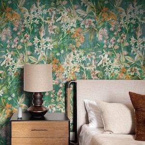 Spring Flowers Wallpaper | Green Floral Self Adhesive Wallpaper, Removable Wallpaper, Temporary Wallpaper, Peel and Stick Wallpaper