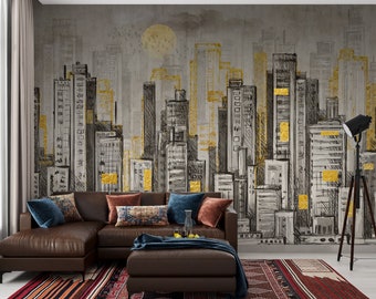 City Wall Mural for Living room | Hand Drawn Skyscraper Illustration | Peel & Stick Wall NonWoven Wall Art