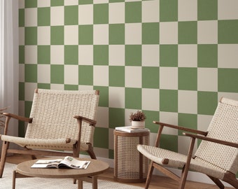 Large Checkered Green Wallpaper, Sage Green Self Adhesive Wallpaper, Peel and Stick, Traditional Unpasted Wallpaper, Retro Wallpaper